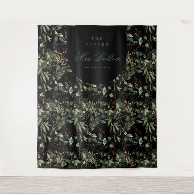 Tapete De Parede Arco de Boho de Eucalipto Preto para Chá de Noiva (Frente)