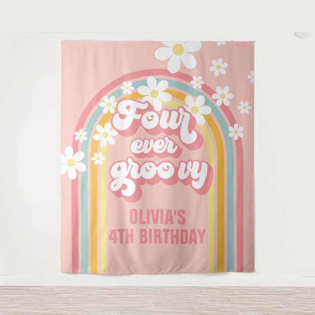 Tapete De Parede Arco-íris Retro Quatro Aniversário Groovy para Sem (Frente)