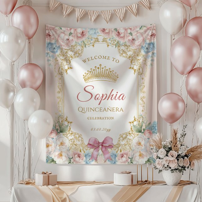 Tapete De Parede Arco Rosa Clássico, Quinceanera Floral (Classy Pink Blue Floral Quinceanera Welcome Tapestry)