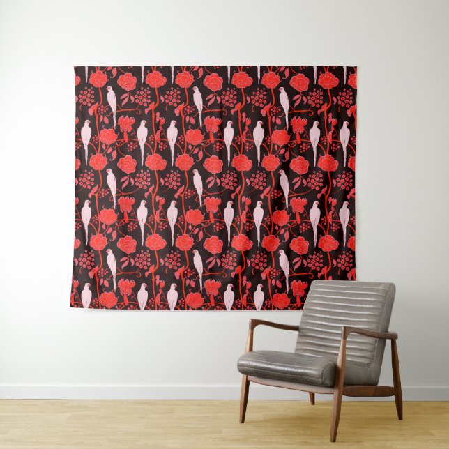 Tapete De Parede ART DECO BLACK RED FLOWERS,WHITE PARROTS Floral (In Situ (Horizontal))