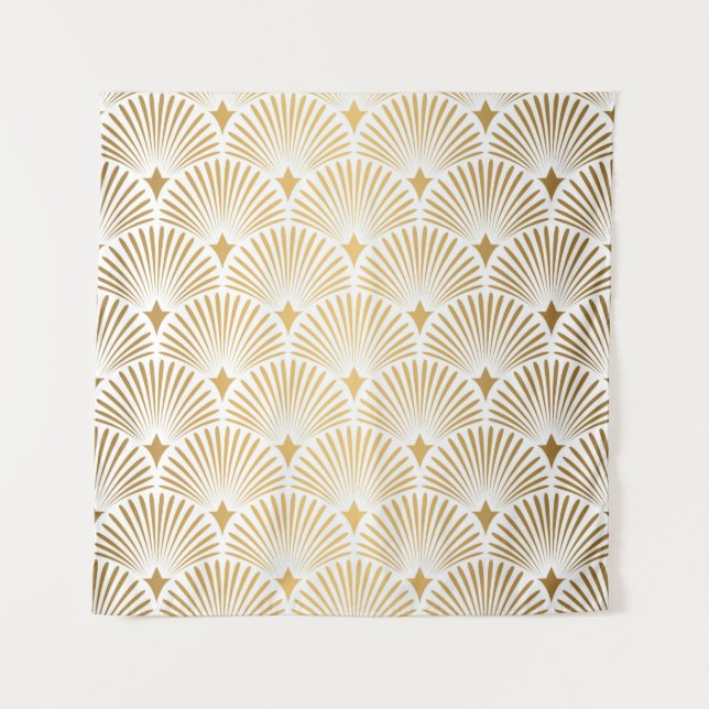 Tapete De Parede Art Deco Pattern. Serralheiro branco e dourado (Frente)