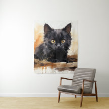 Arte de Aquarela de Gato Preto Cinto
