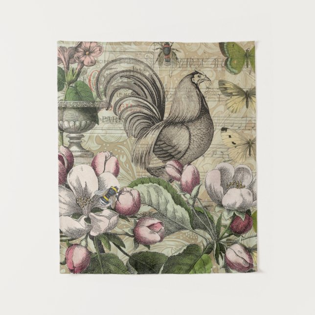 Tapete De Parede Arte de Colagem de Jardim com Galo Vintage: País F (Frente)