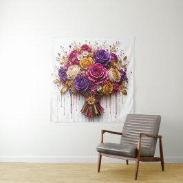 Tapete De Parede Arte de Rosa Luxuosa com Pingos Dourados e Colorid