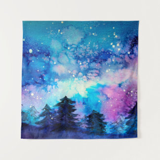 Tapete De Parede Arte espacial em aquarela com céu noturno e árvore