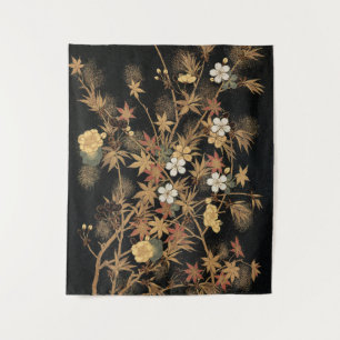 Tapete De Parede Arte Floral Outonal em Preto e Dourado Japonês Vin