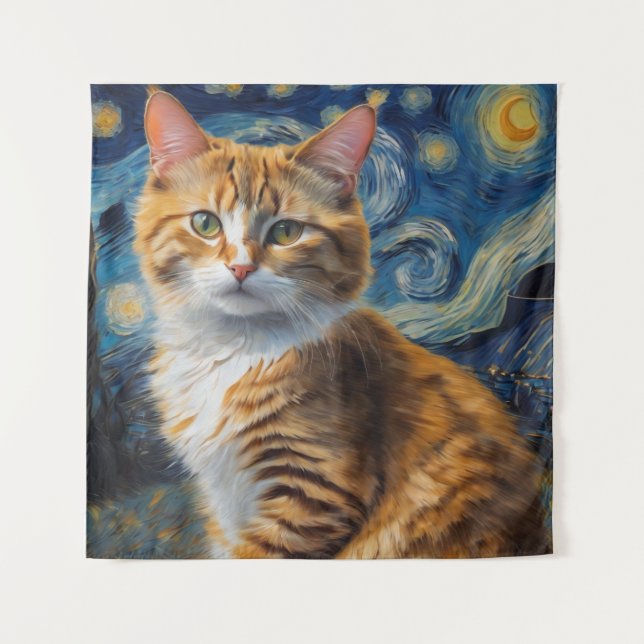 Tapete De Parede Arte noturna estrelada com um gato (Frente)
