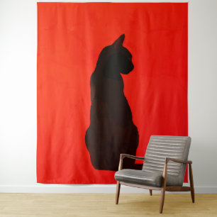 Tapete De Parede Arte Vermelha Moderna Silhueta de Gato Preto Minim