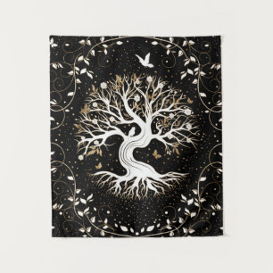 Tapete De Parede Árvore da vida - Yggdrasil - branco preto e ouro