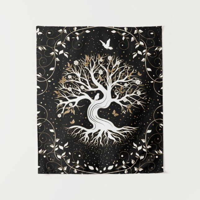 Tapete De Parede Árvore da vida - Yggdrasil - branco preto e ouro (Frente)