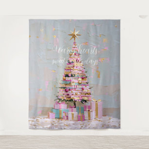 Tapete De Parede Árvore de Natal Rosa e Dourada Impasto