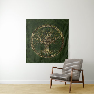 Tapete De Parede Árvore de vida - Yggdrasil - verde e ouro