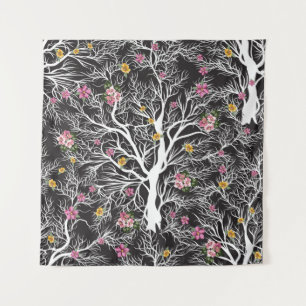 Tapete De Parede árvore preta sem costura com padrão floral color