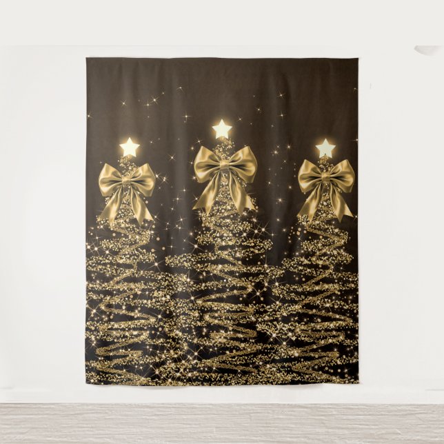 Tapete De Parede Árvores Brilhantes de Natal Douradas com Laço Fals (Frente)