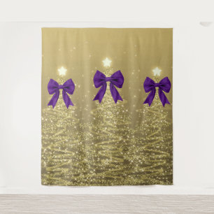Tapete De Parede Árvores Brilhantes de Natal Douradas com Laço Roxo