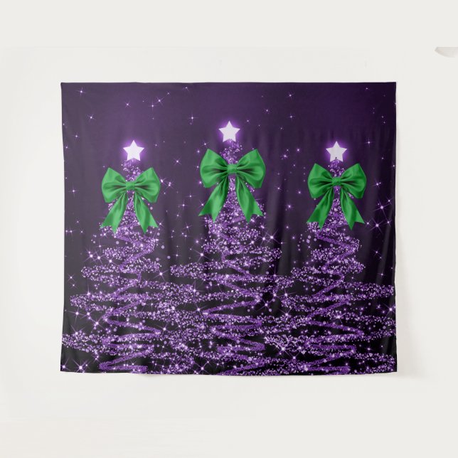 Tapete De Parede Árvores de Natal Espelhadas Roxas com Laço Verde F (Frente (Horizontal))