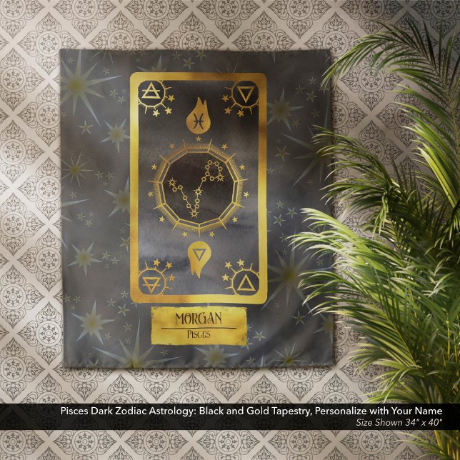 Tapete De Parede Astrologia Zodiac Escura dos peixes: Nome Dourado  (Pisces Dark Zodiac Astrology: Black and Gold Tapestry, Personalized with Your Name.)