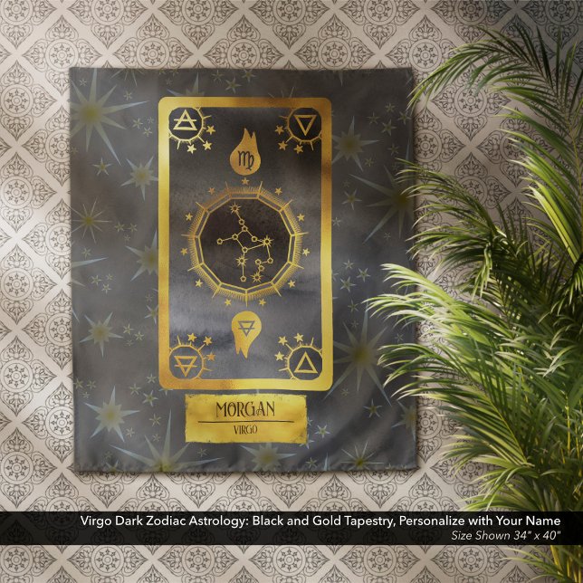 Tapete De Parede Astrologia Zodiaca Virgo Escuro: Nome Dourado Pret (Virgo Dark Zodiac Astrology: Black and Gold Tapestry, Personalized with Your Name.)