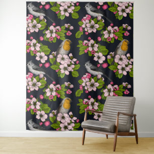 Tapete De Parede Aves e Blossomas em preto