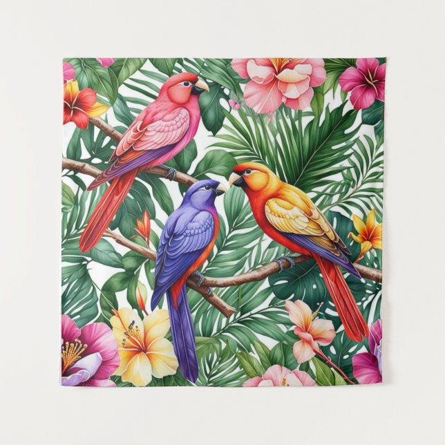 Tapete De Parede Aves tropicais e flores vibrantes (Frente)