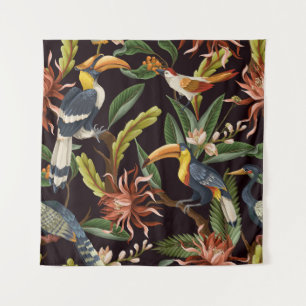 Tapete De Parede Aves Tropicais: Folhas Vintage e Flores