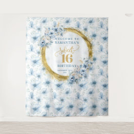 Tapete De Parede Azul-claro personalizado Doce 16 Glitter Dourado