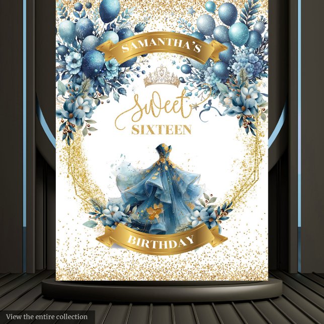 Tapete De Parede Azul, Dourado, Doce, Dezesseis Festa de Vestido Aq (Blue Gold Sweet Sixteen Watercolor Dress Party Tapestry)