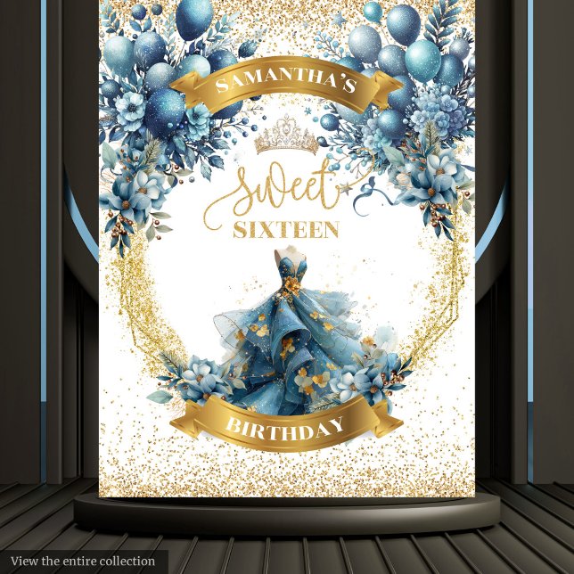 Tapete De Parede Azul Elegante, Dourado, Água Doce 16 Glitter (Elegant Blue Gold Watercolor Sweet 16 Glitter Tapestry)