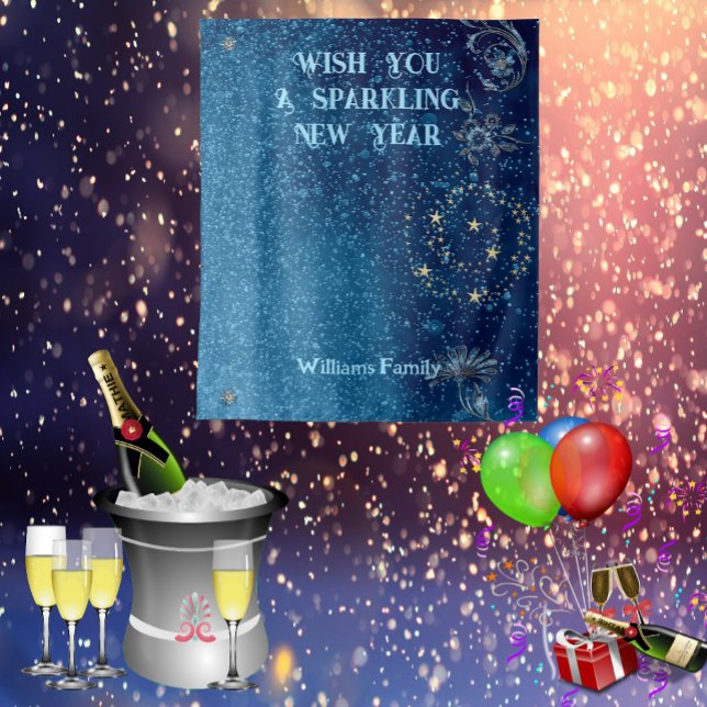 Tapete De Parede Azul Espumante de Ano Novo Estrelas Brilhantes (Blue Sparkling New Year Glitter Cheer Stars Floral Tapestry)