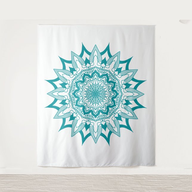 Tapete De Parede Azul-esverdeado em mandala branca (Frente)