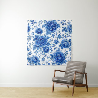 Tapete De Parede Azul Fluido Flores Rosas Peônias Azul Cobalto Bran