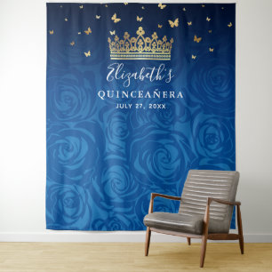Tapete De Parede Azul Real Dourado Preto Floral Quinceanera Foto