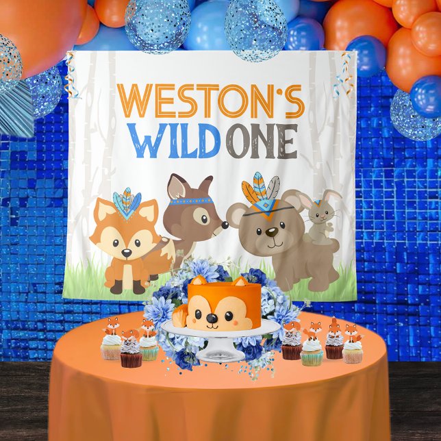 Tapete De Parede Azul, Selvagem, Animais de Floresta (Personalized Tribal Forest Animals Woodland Wild One 1st Birthday Backdrop. 4 Sizes Available)