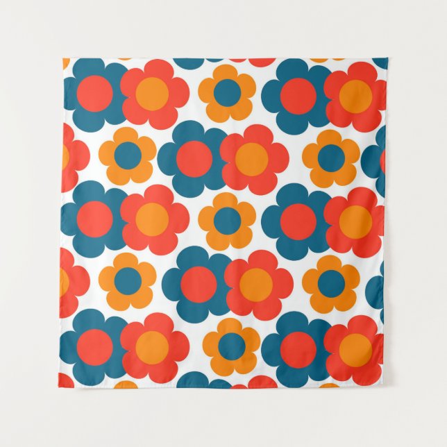 Tapete De Parede Azul Whimsical & Laranja Floral Cheio (Frente)
