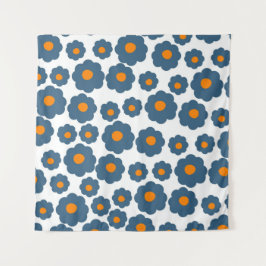 Tapete De Parede Azul Whimsical & Laranja, Retro Floral, Cheerful,