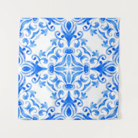 azulejo azul-abstrato e branco desenhado à mão sem