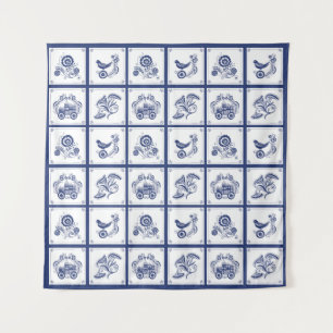 Tapete De Parede Azulejo Floral e Ave Clássico Holandês Delft Azul