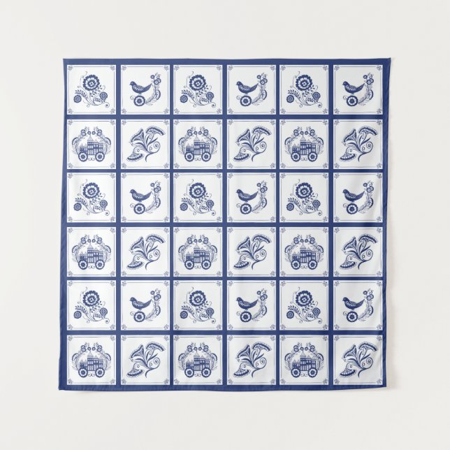 Tapete De Parede Azulejo Floral e Ave Clássico Holandês Delft Azul (Frente)