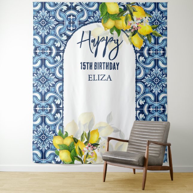 Tapete De Parede Azulejos azuis limões Italiano Amalfi Feliz Aniver (In Situ)