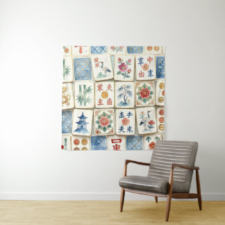 Tapete De Parede Azulejos de Chinoiserie Mahjong Flores Aquarela Pá