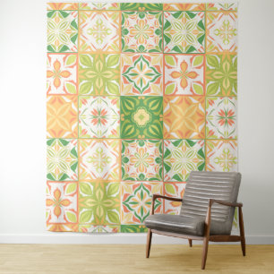 Tapete De Parede azulejos ornamentados em verde e amarelo