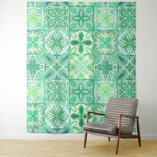 Tapete De Parede azulejos ornamentados em verde e branco