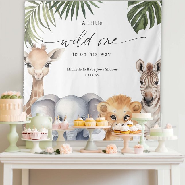 Tapete De Parede Baby Boy WIld One Safari Fundo do Chá Animal (Wild One Safari Animal, Baby Boy Shower Party Backdrop.)