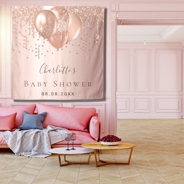 Tapete De Parede Baby Shower rose gold glitter balloons (Criador carregado)