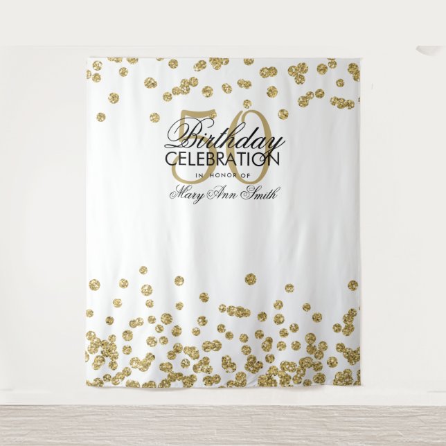 Tapete De Parede Backdrop 50º Aniversário Dourado Confetti Branco (Frente)