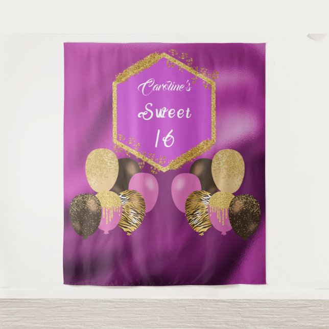 Tapete De Parede Balões de festa rosa e glitter Sweet 16 (Frente)
