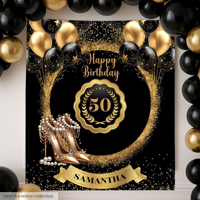 Tapete De Parede Balões Dourados Negros 50º Plano de Aniversário (Black Gold Balloons 50th Birthday Backdrop)