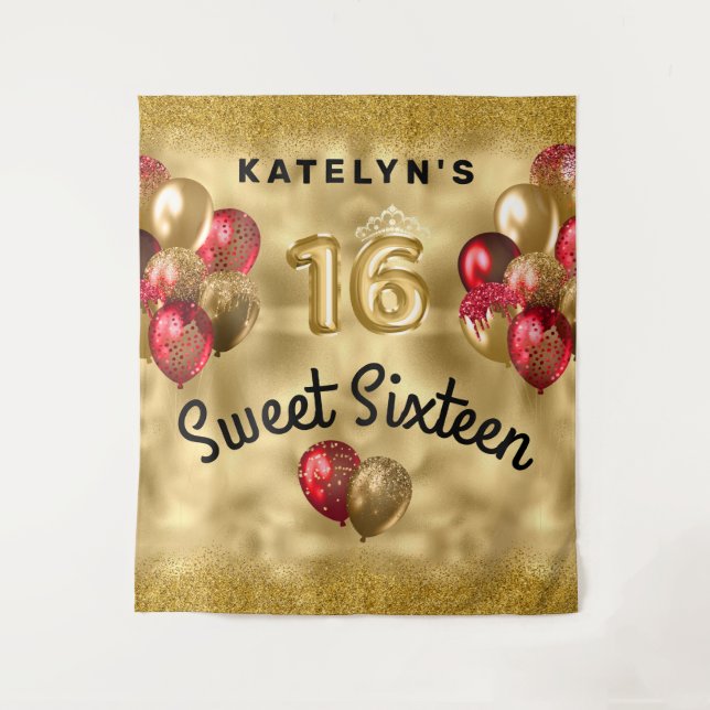 Tapete De Parede Balões Glitter Dourado Vermelho Sweet 16 (Frente)
