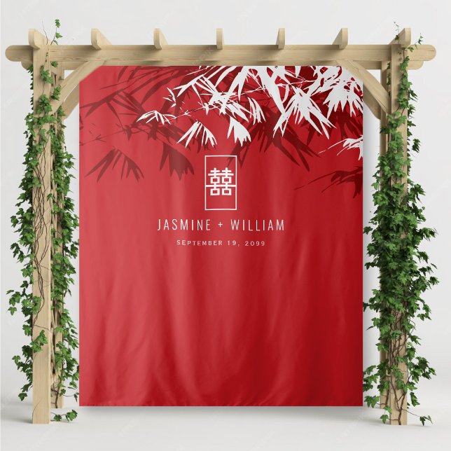 Tapete De Parede Bambu Vermelho e Branco deixa pano de fundo do cas (Red & White Bamboo Leaves Double Happiness, Chinese Wedding Backdrop Tapestry @ fatfatin_red_knot)