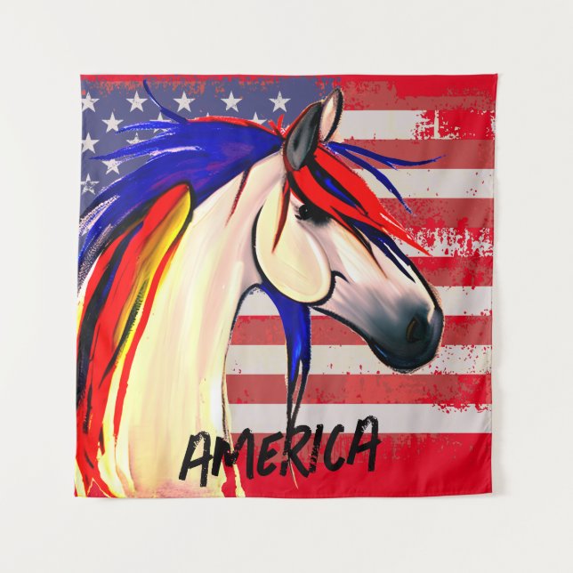 Tapete De Parede Bandeira Americana Vermelha e Cavalo Azul (Frente)